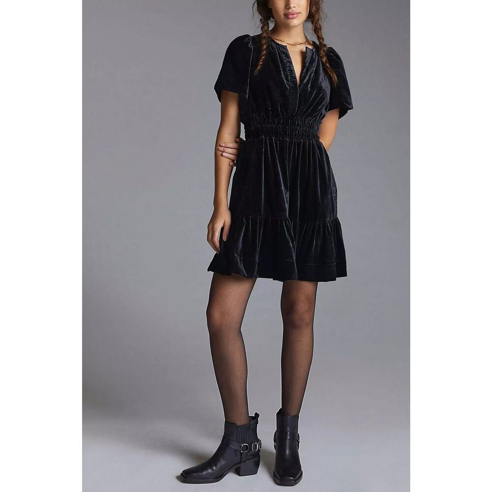 Maeve Anthropologie Black Velvet Somerset Mini Dress
